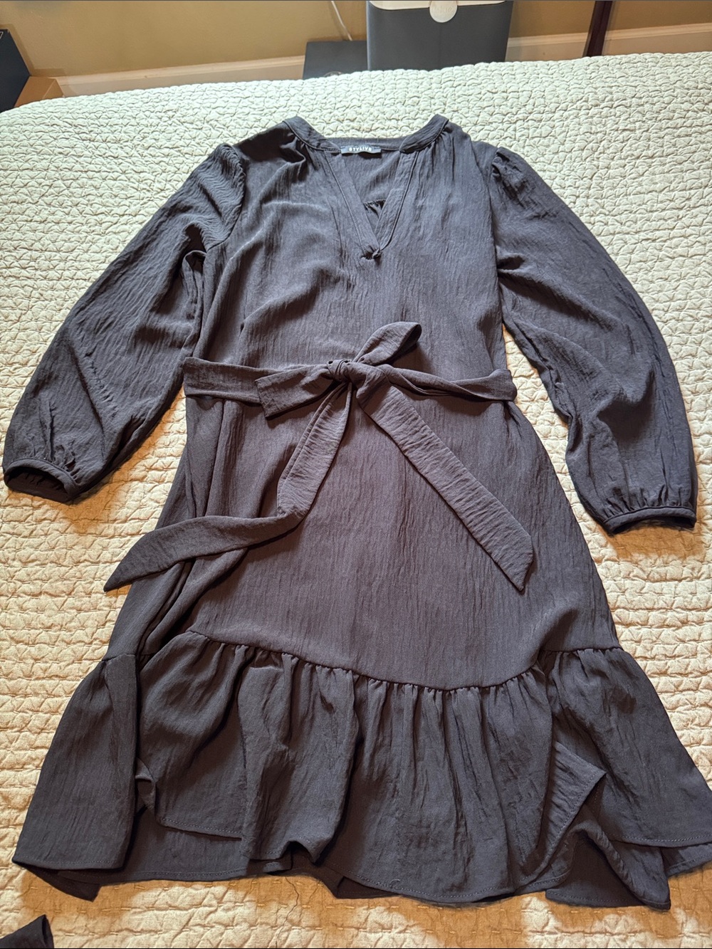 Black Long-Sleeve V-Neck Tie-Waist Ruffle-Hem Dress